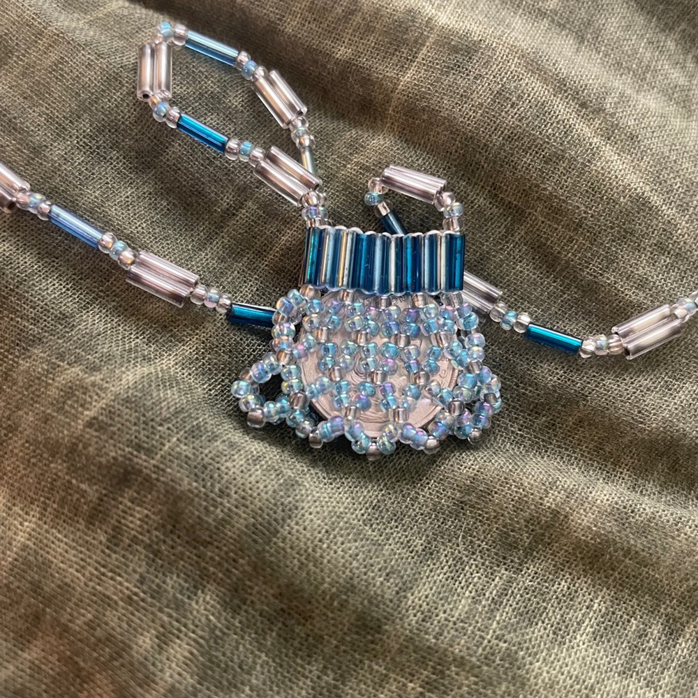 Handmade Beaded Blue and Silver “Coin purse” Necklace